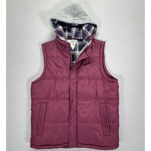Weatherproof Vintage Mens Hooded Puffer Vest Burgundy Plaid Lined Size L